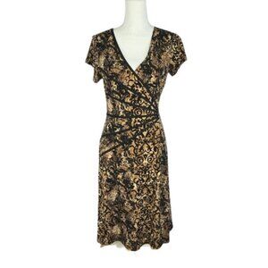 Women’s Faux Wrap Black Gold Printed Ruched Knee Length Dress Size 10